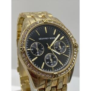 GEOFFREY BEENE Quartz Crystal Black Dial Men's Watch Works New Battery Gold Ton